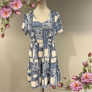 Patchwork floral print v-neck short sleeve casual stretchy  mini Dress size XL